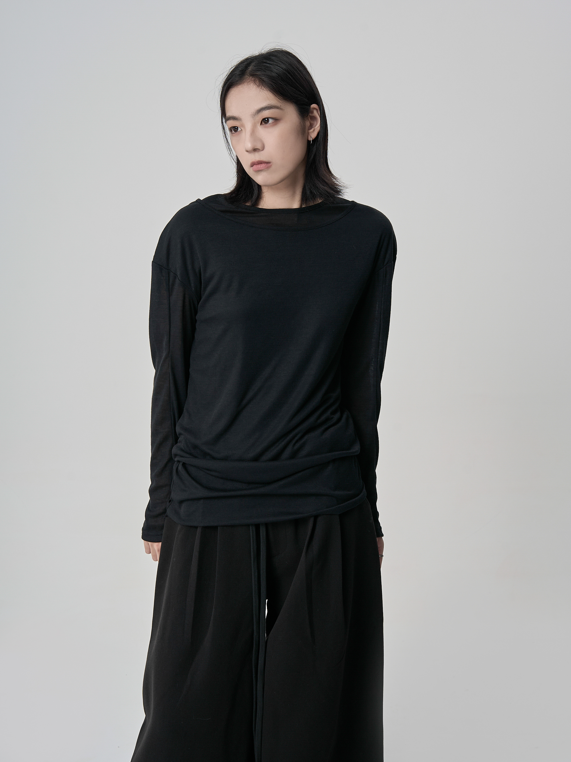 柔紋透膚雙層質感長袖-黑