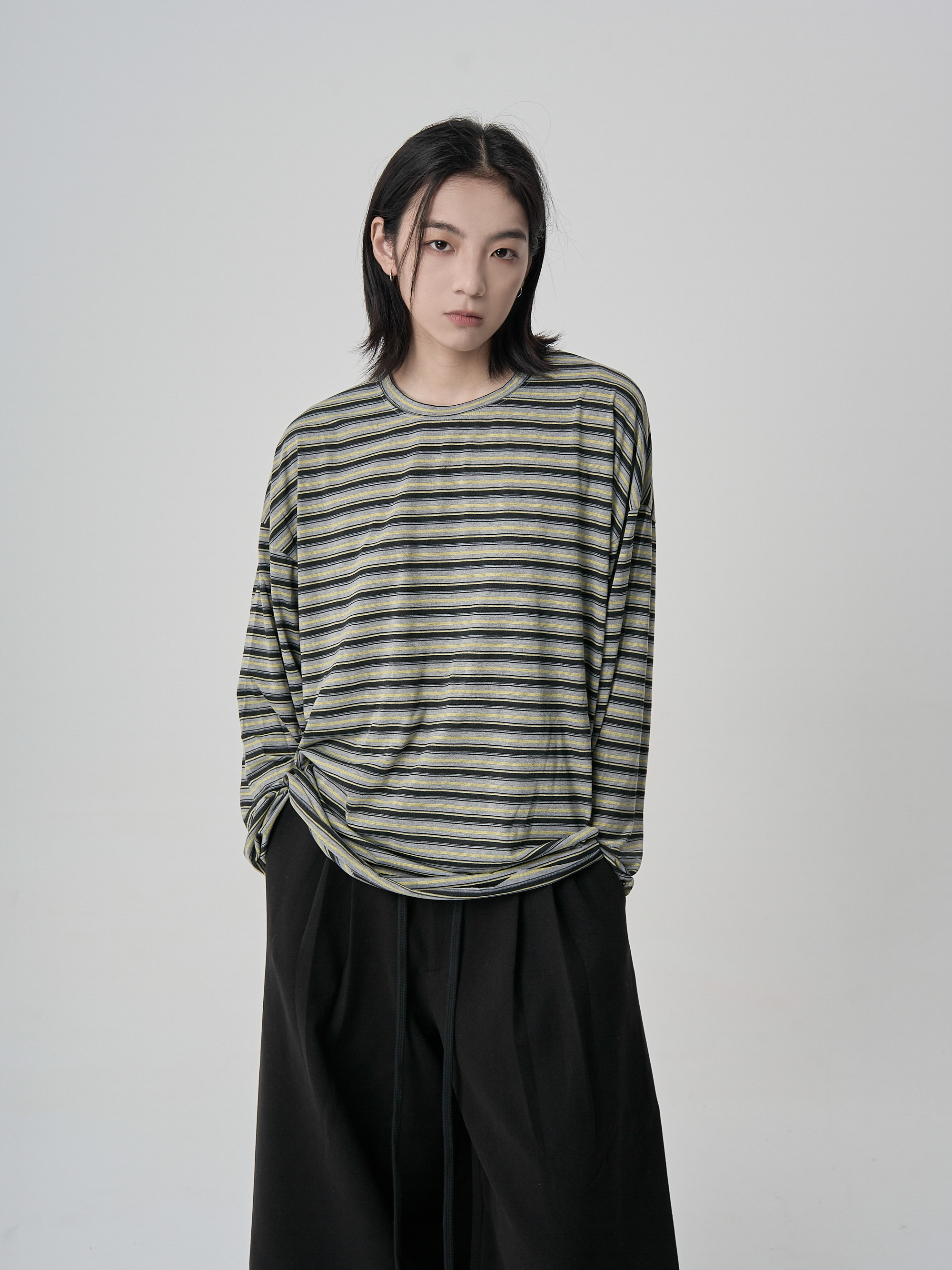 柔條紋長袖上衣-綠