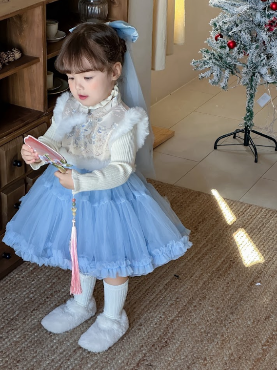 BYB12SE025BL 氣質藍公主旗袍紗紗裙連打底衫套裝