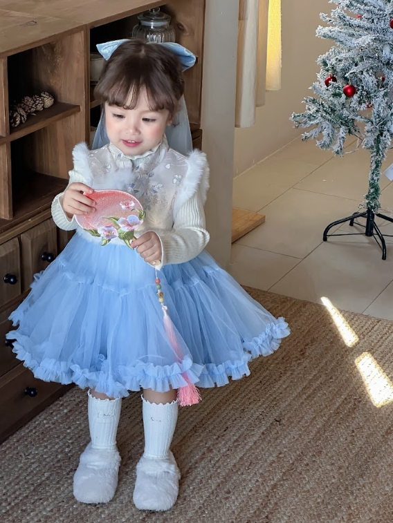 BYB12SE025BL 氣質藍公主旗袍紗紗裙連打底衫套裝