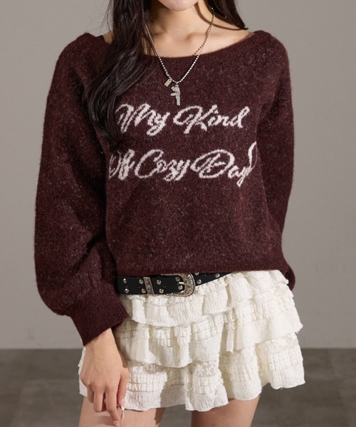 日本🇯🇵連線 Apres jour mignon 字母設計提花針織套頭衫 露肩 針織 針織衫 套頭衫 長袖 3色(任買兩件711免運)/預購