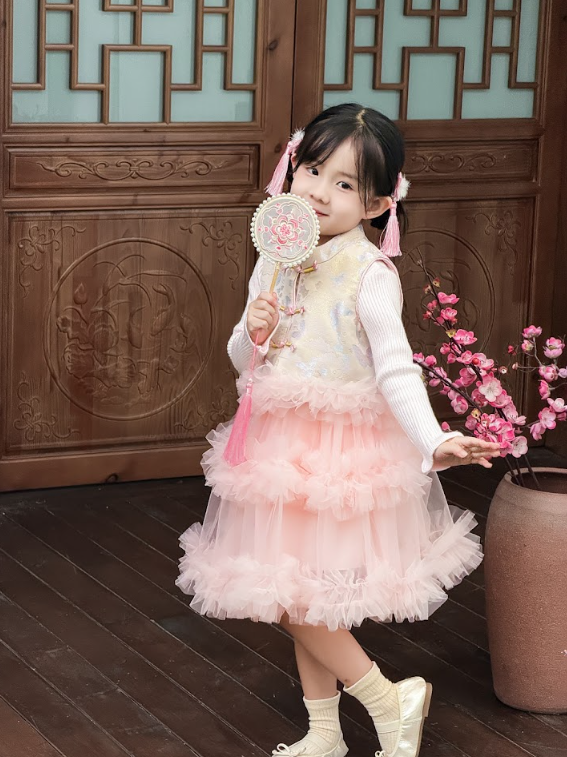 BYB12SE029PK 淡雅粉精緻馬甲針織連身蛋糕紗裙