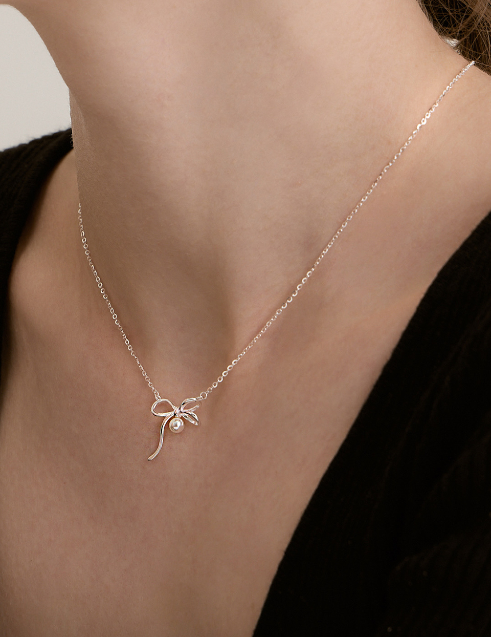 【925純銀】典雅珍珠蝴蝶結項鍊(銀)