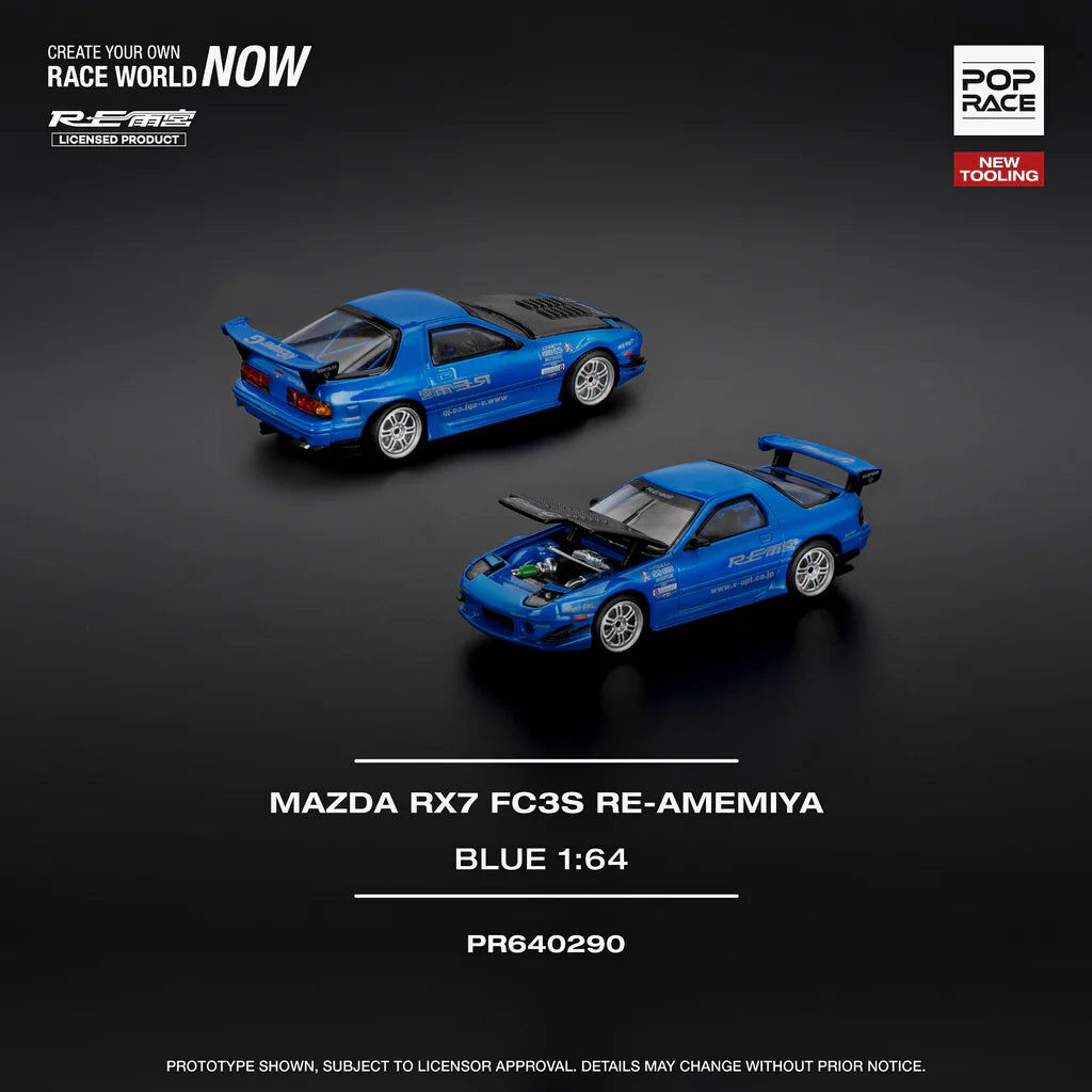 POPRACE 1/64 MAZDA RX7 (FC3S) RE-AMEMIYA RE-AMEMIYA BLUE (Opening Front Hood | Detailed Engine)