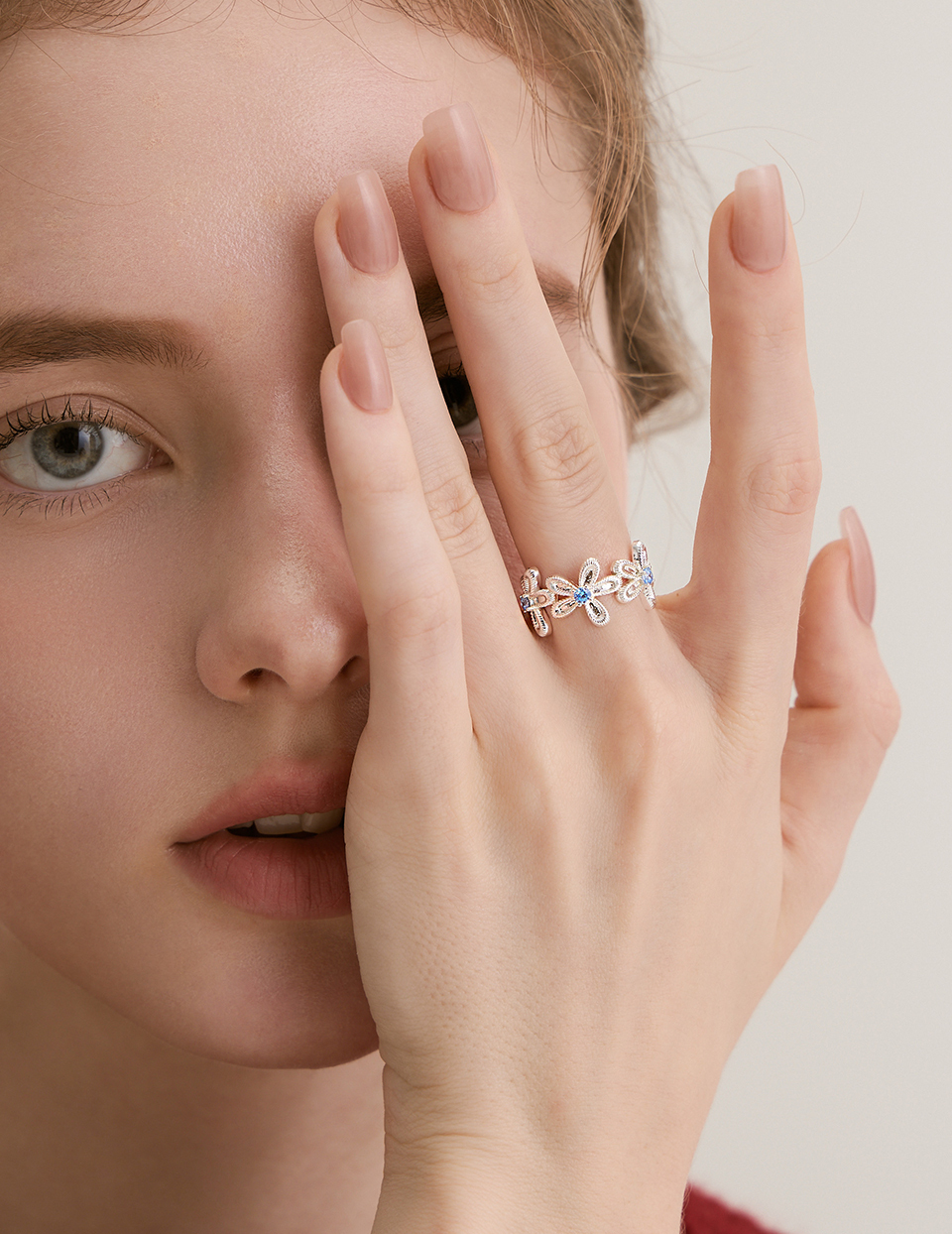 藍鑽小花朵可調式戒指