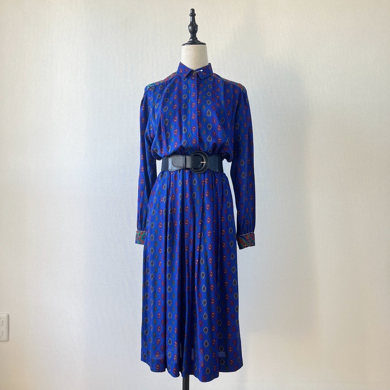 寶藍色可愛腰果花圖案古著連身裙