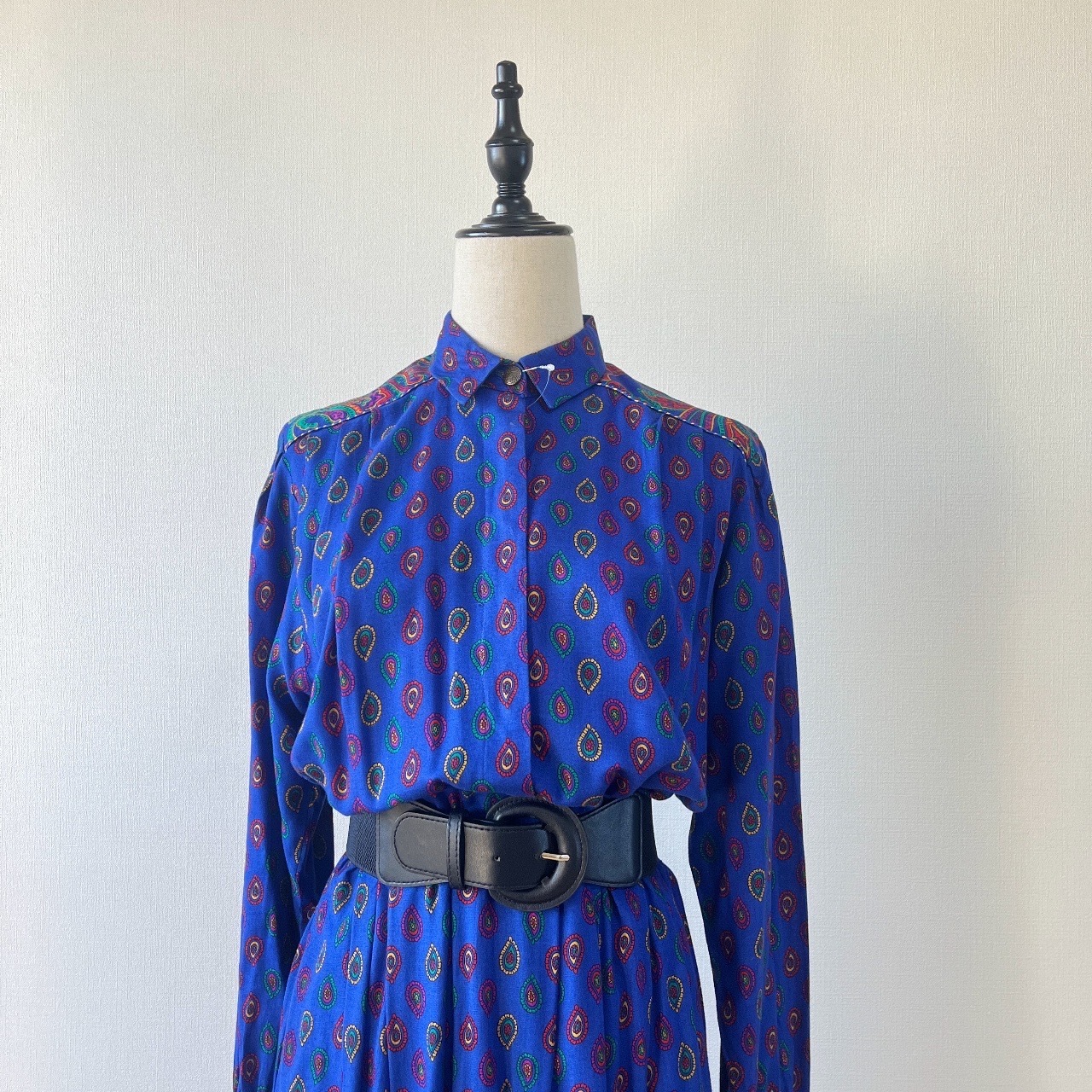 寶藍色可愛腰果花圖案古著連身裙