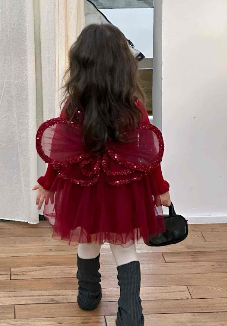 BYB12SE073RD紅色閃閃派對女孩設計感紗裙連打底上衣套裝