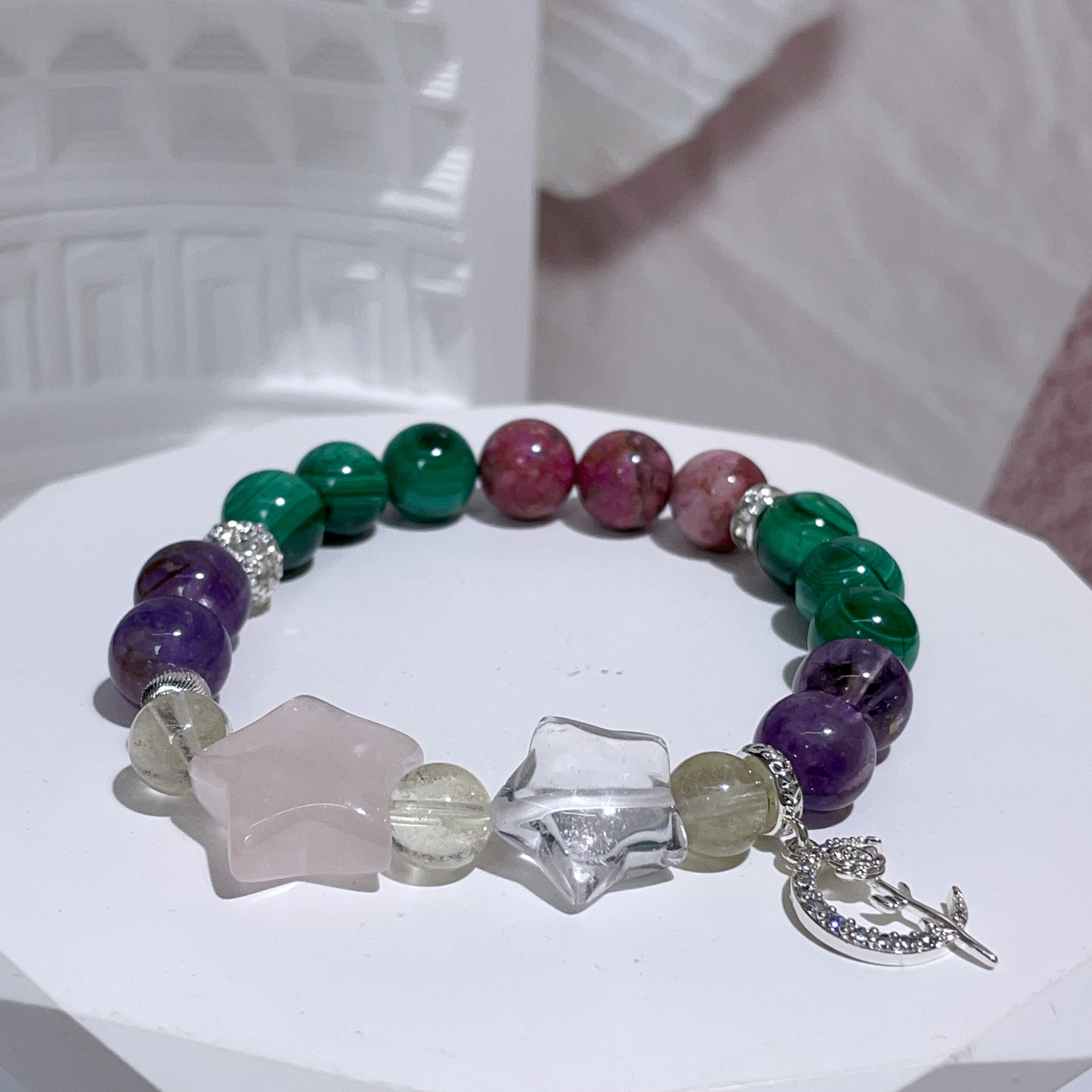 孔雀石拼粉舒紫幽靈粉白星星DIY手串