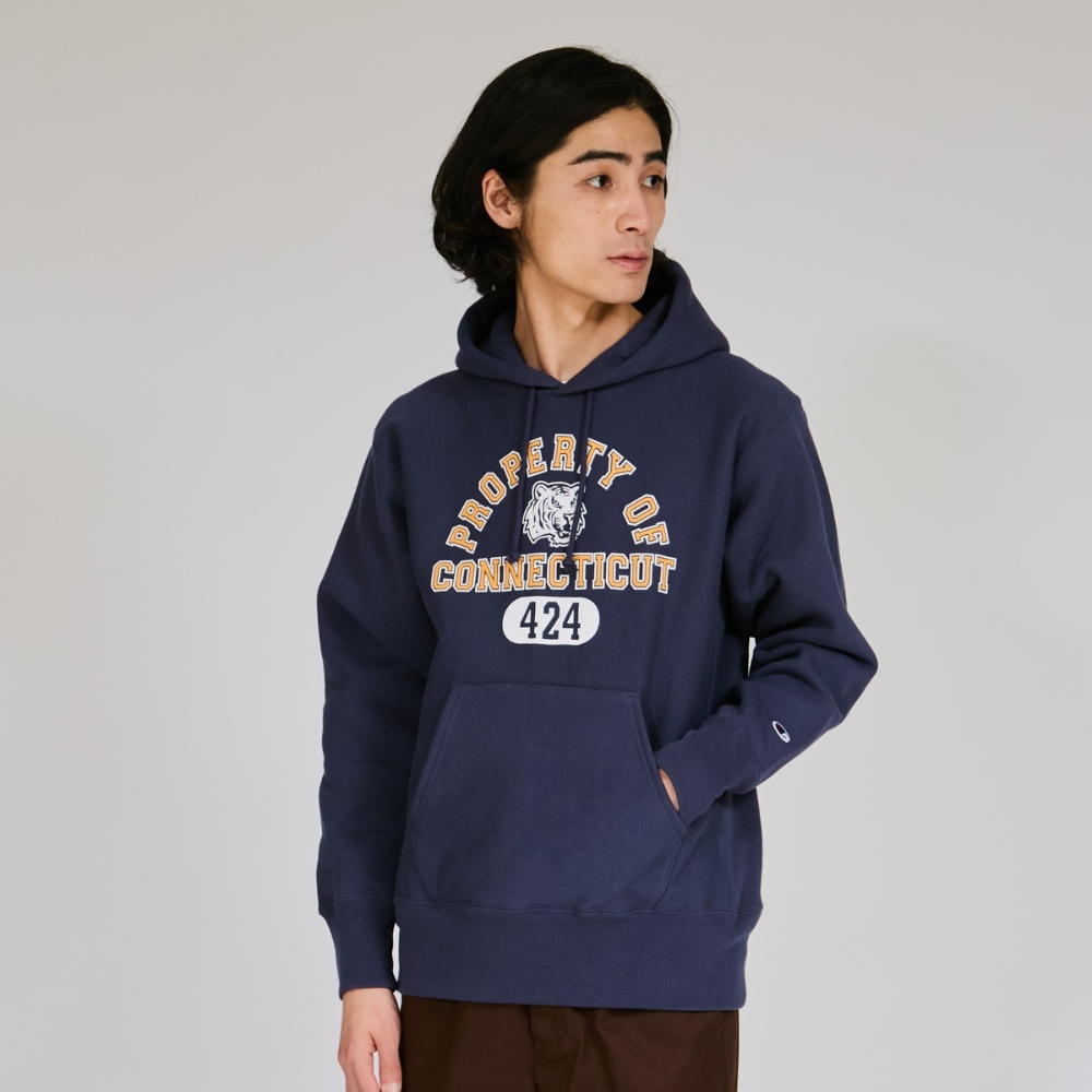 男款- REVERSE WEAVE寬版印花長袖帽T -深藍色（C3-C117-386）