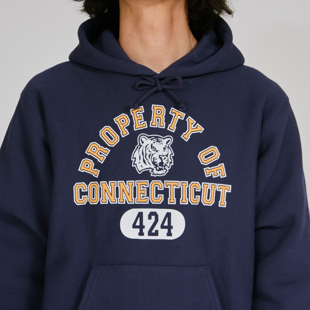 男款- REVERSE WEAVE寬版印花長袖帽T -深藍色（C3-C117-386）