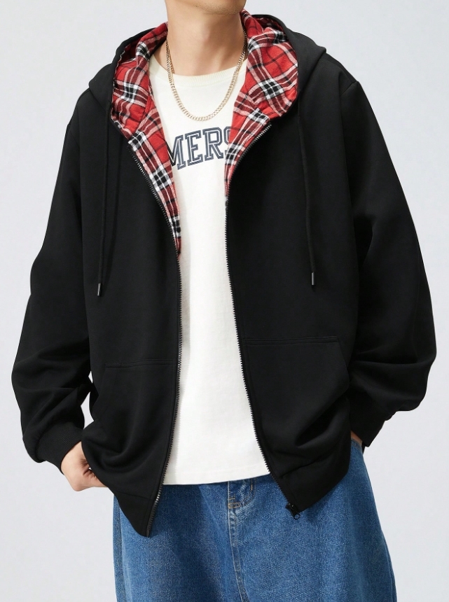 KADMAX大尺碼-男士格子搖滾連帽夾克〈KSMS2695〉