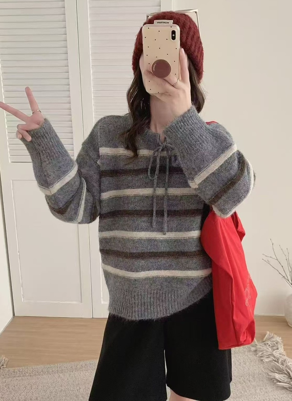 前綁帶條紋配色針織衣