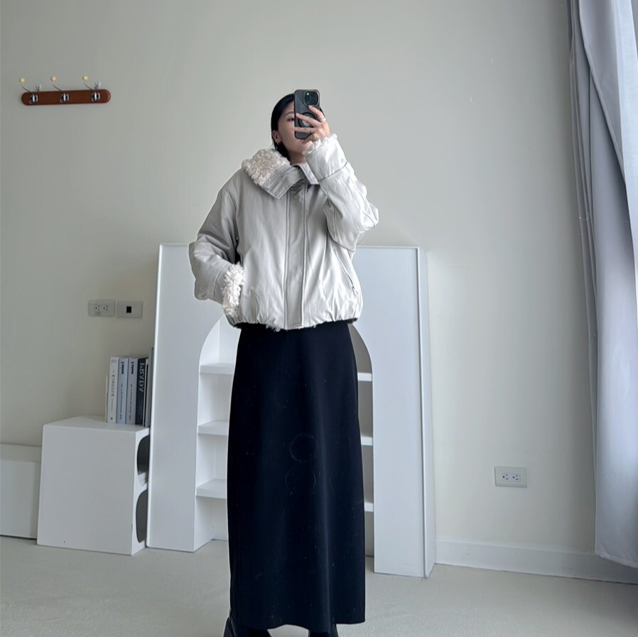 大翻領捲捲毛鋪棉外套（現貨）