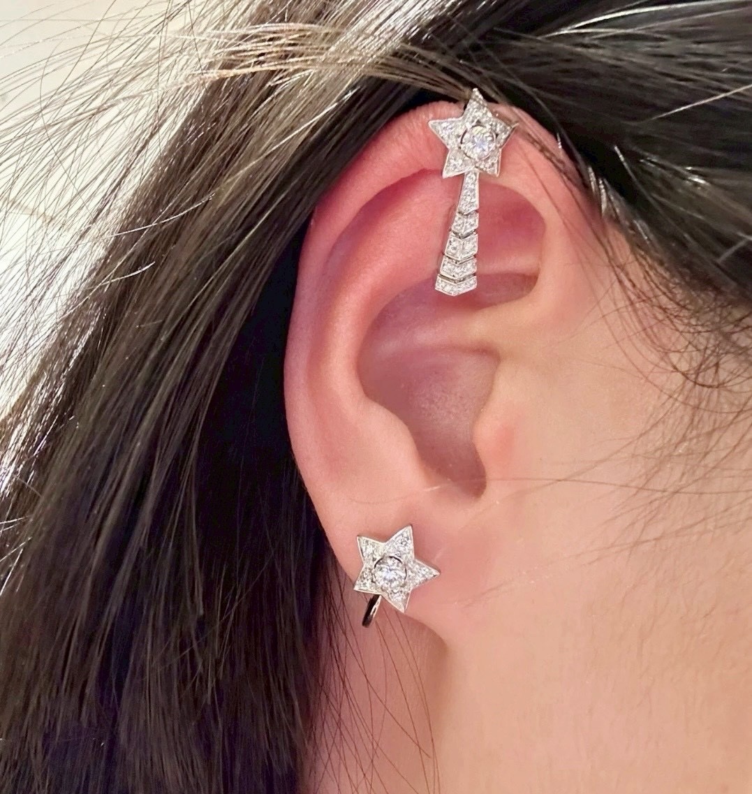 18k 香奶奶白金玫瑰鑽彗心”不對稱高奢定製耳釘