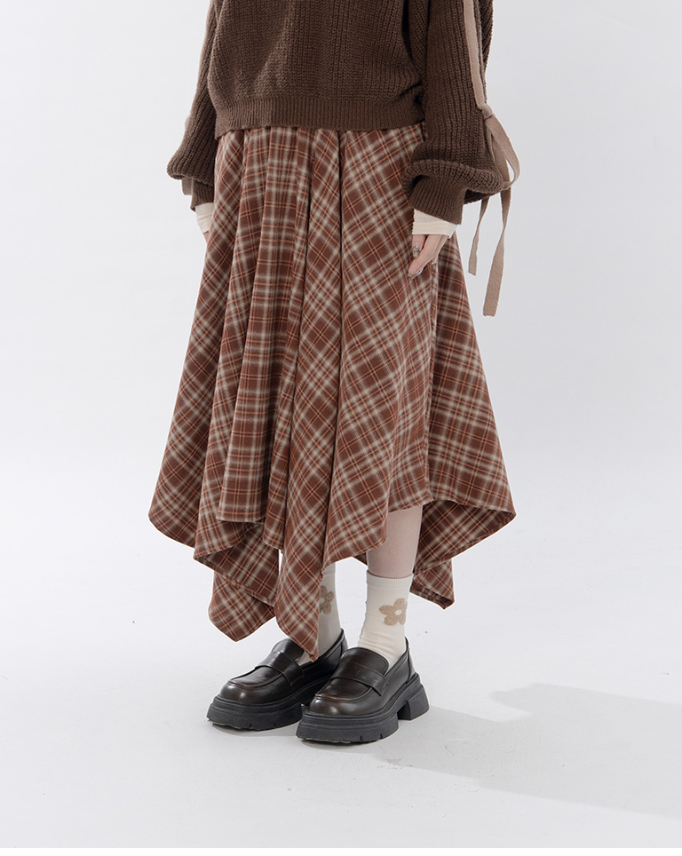 Plaid velvet irregular flared maxi skirt, available in two colors.【03021708】in stock+pre-order