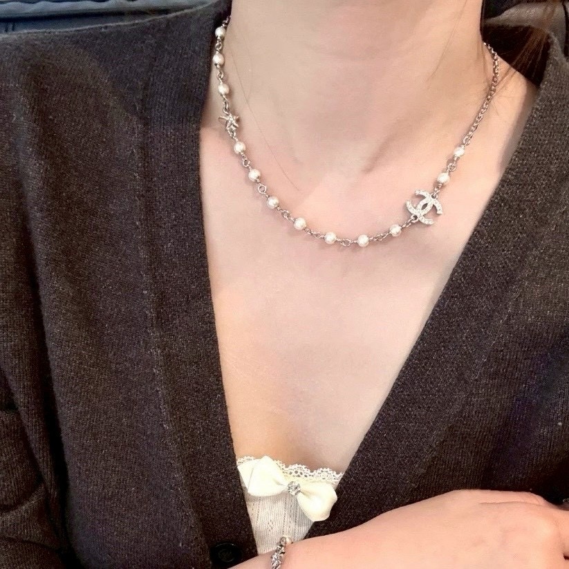 18k 香奶奶25s”小珍珠銀鑽雙c星空一體式”高奢定製項鍊