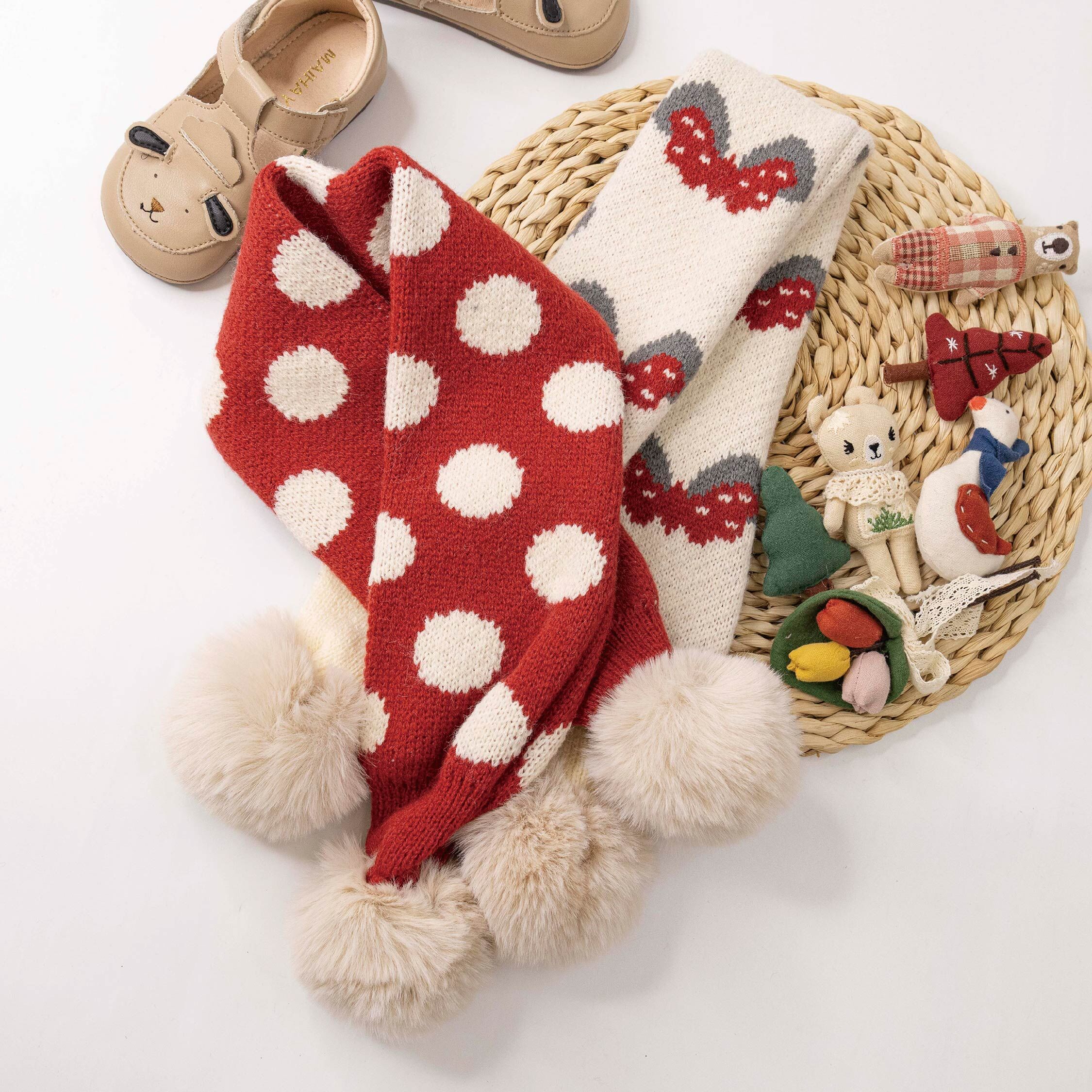 【JA3041】紅白雪球針織圍巾/圍脖*二色