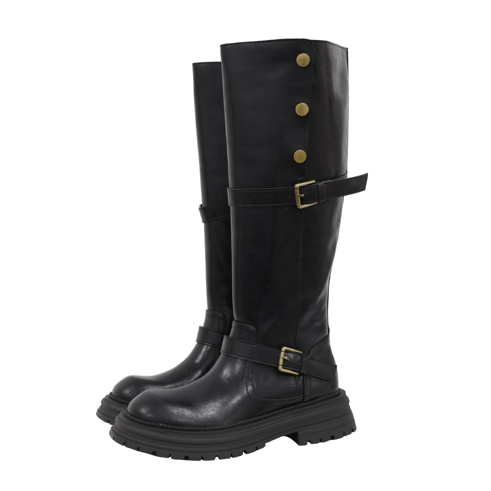 (現+預) 個性厚底騎士真皮長靴 -2色