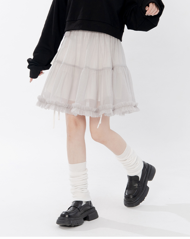 Glossy ruffled mesh skirt curtain, available in two colors.【07130041】in stock+pre-order