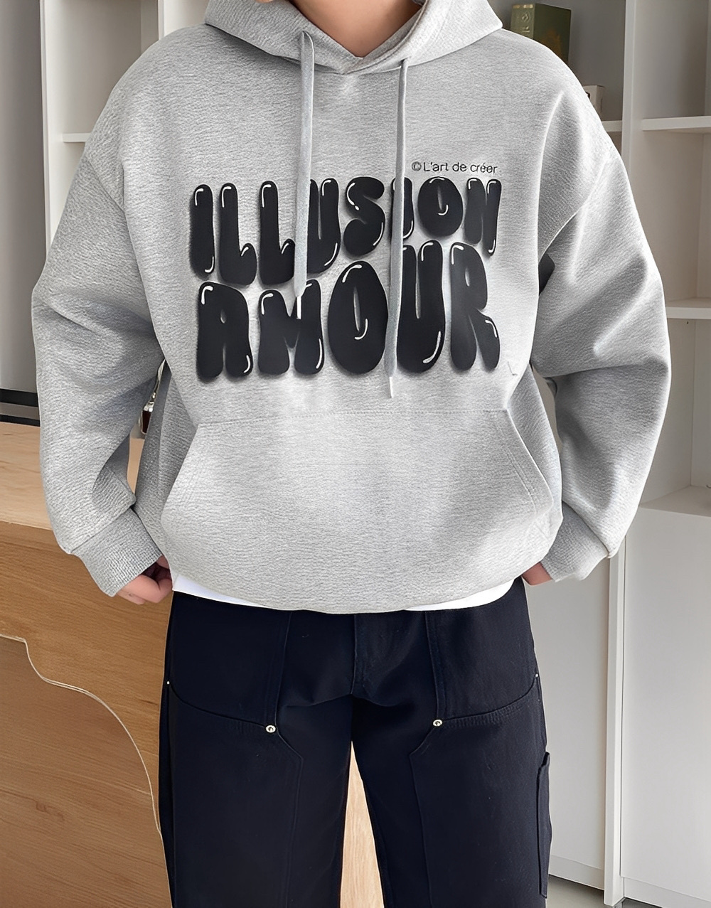 重磅 設計感 英文 寬鬆 牛奶絨 刷毛 連帽 長袖 帽T