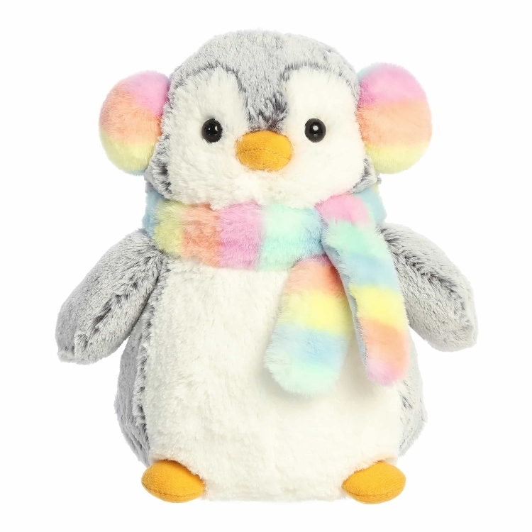 Gray Penguin Plush with Rainbow Scarf and Earmuffs