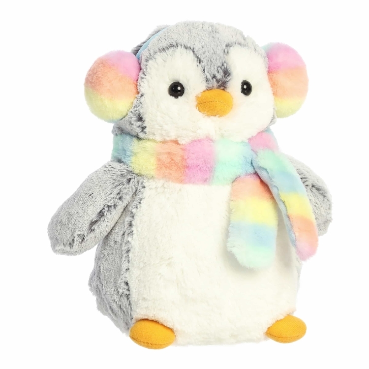 Gray Penguin Plush with Rainbow Scarf and Earmuffs