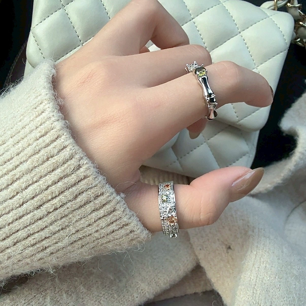 Gy”Opulent白金鑽”土星綠粉橘寶石寬細開口戒set/現貨1