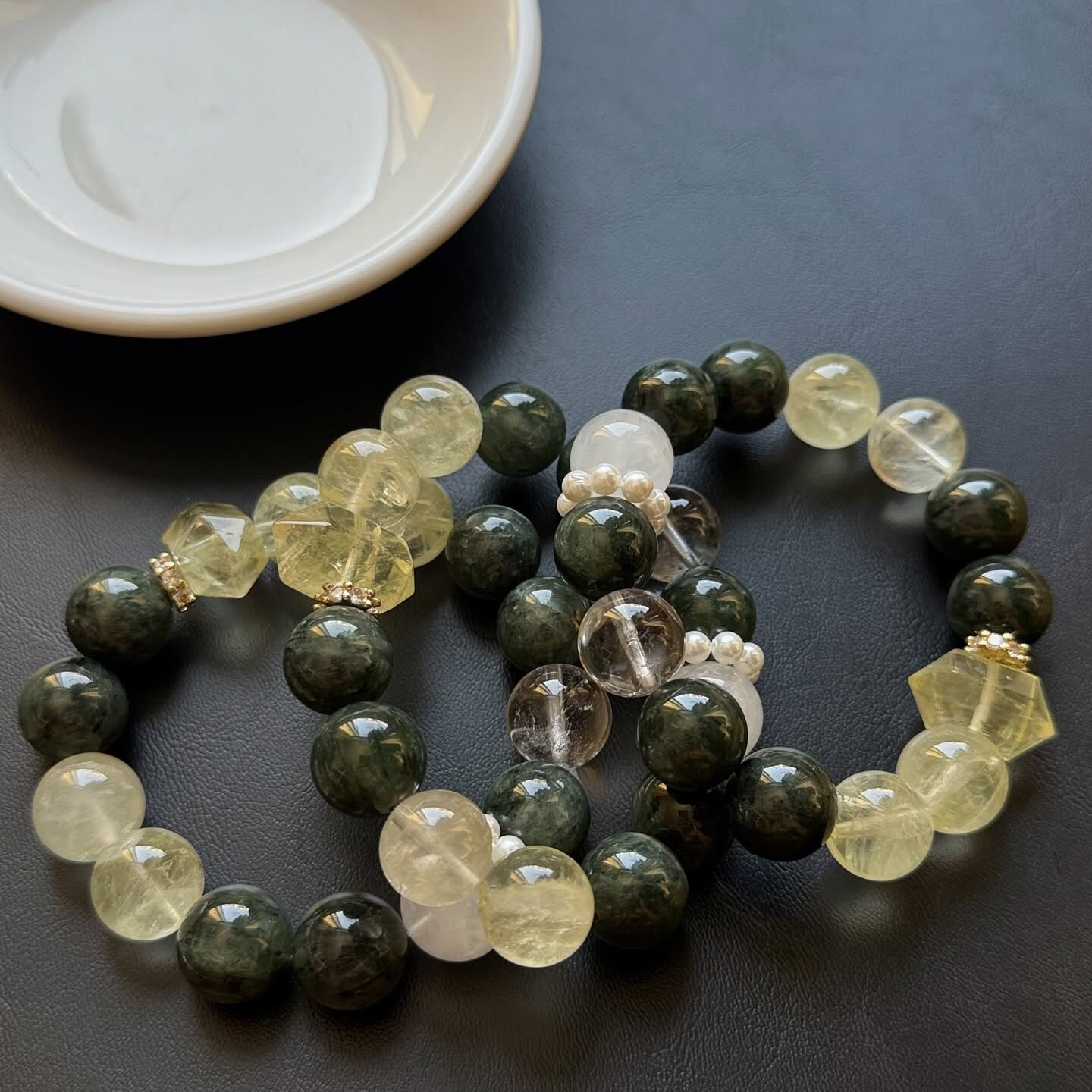 [原石] 綠髮晶+檸檬黃水晶+白水晶 設計款水晶手串