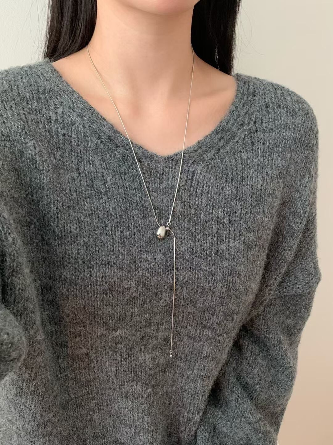 質感銀胖胖水滴造型可調節Y字項鍊毛衣鍊