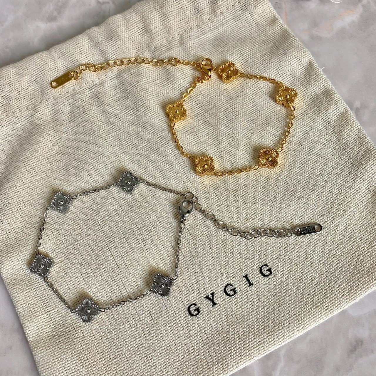 ssteel”mini低奢鈦鋼鐳射四葉草”金銀五花手鍊