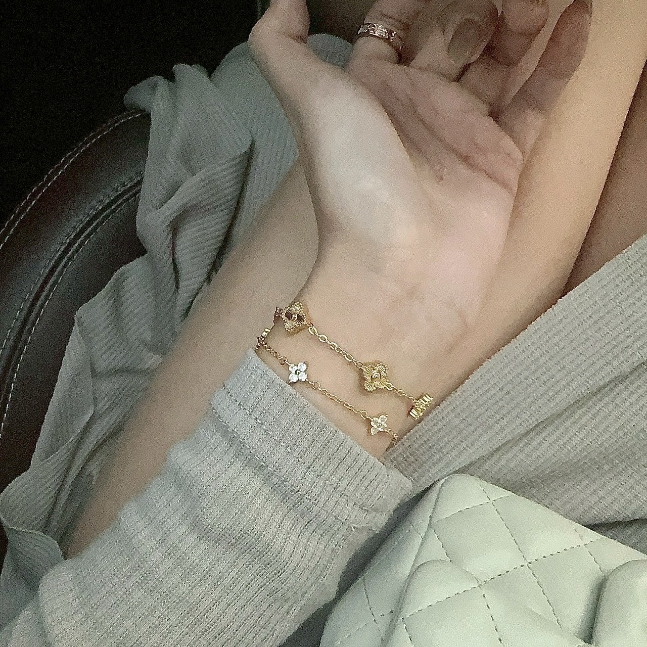 ssteel”mini低奢鈦鋼鐳射四葉草”金銀五花手鍊