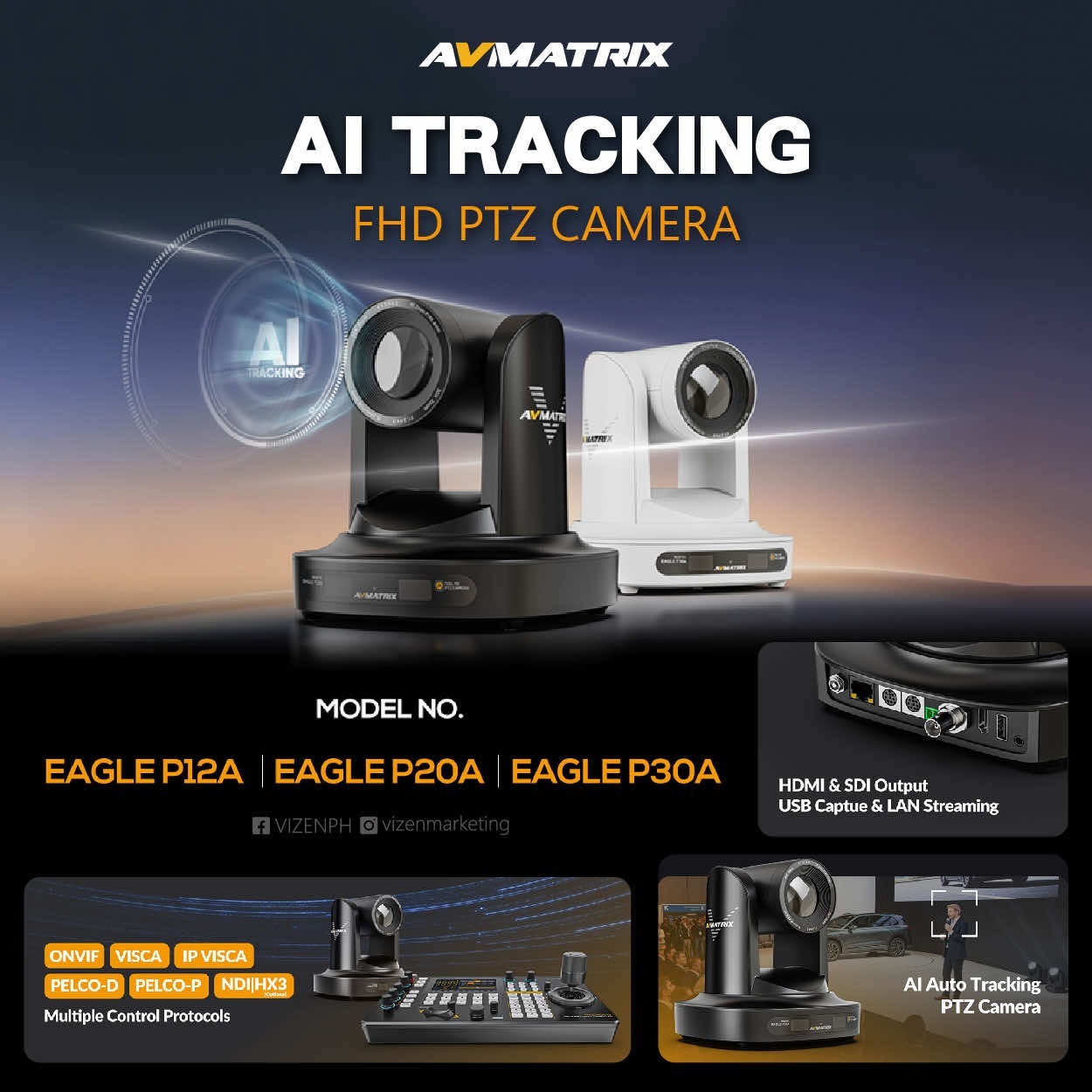 AVMATRIX P12A-WH Eagle AI 追蹤 FHD PTZ 12x 光學變焦攝控一體攝錄機