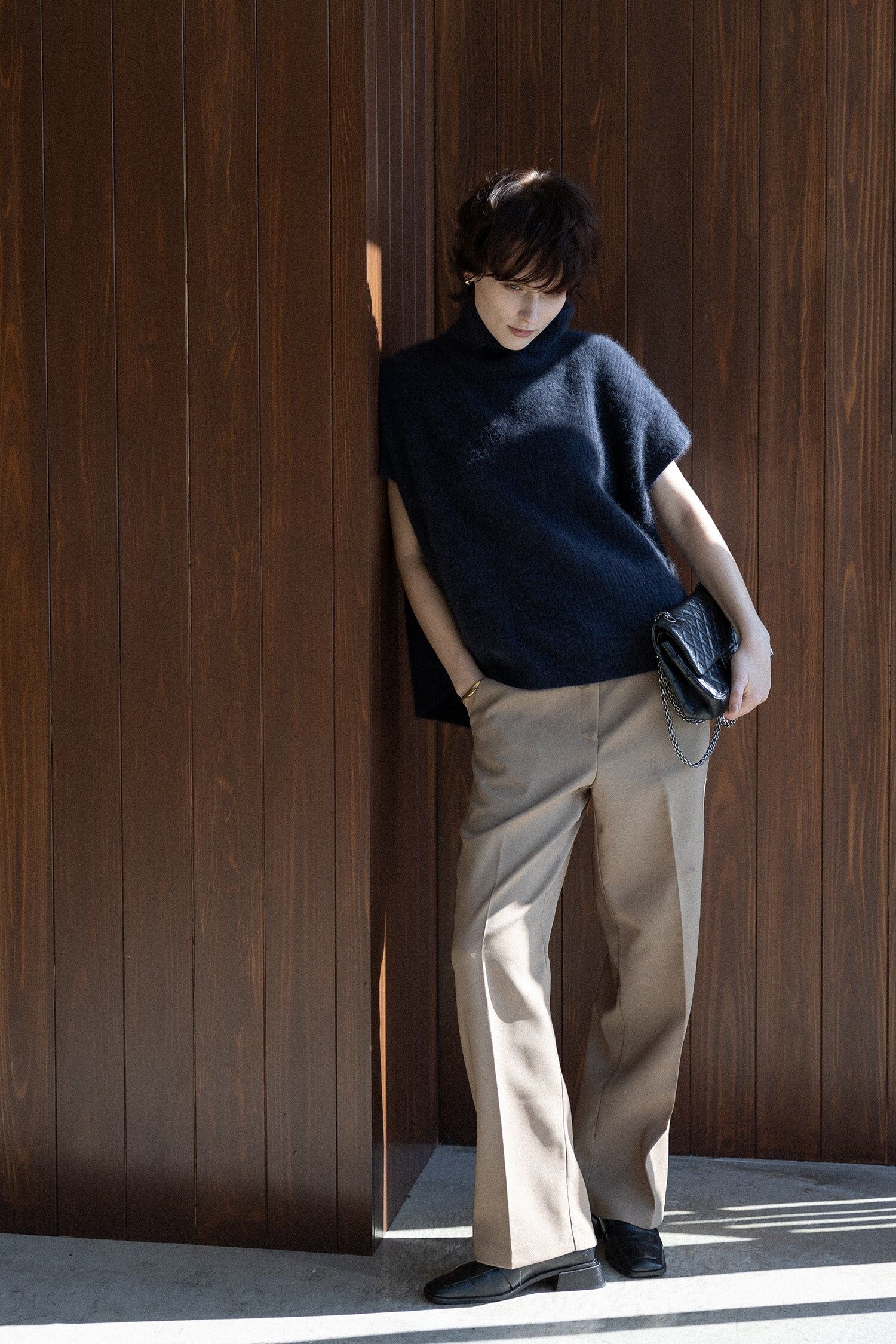 2025 秋冬 羊毛混紡高領短袖套頭衫_深藍