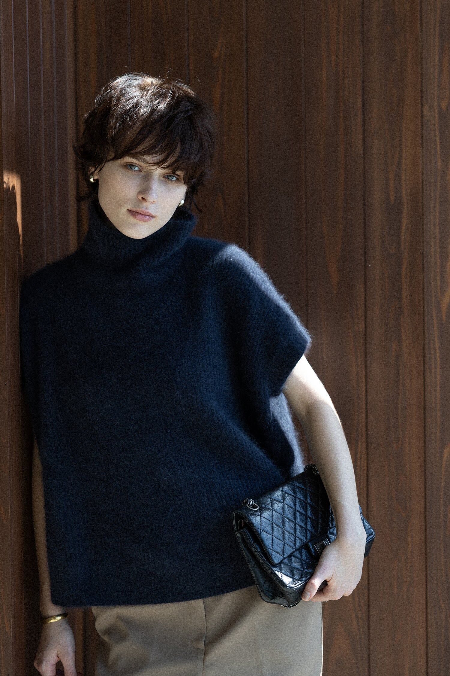 2025 秋冬 羊毛混紡高領短袖套頭衫_深藍