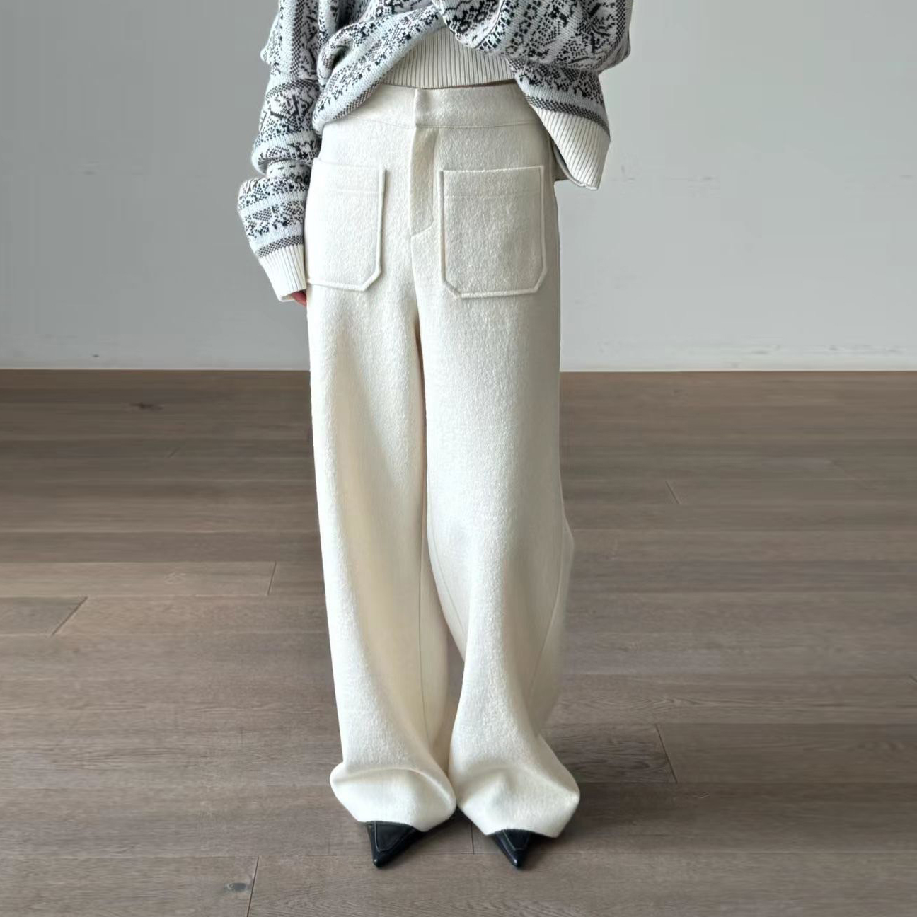 俐落感雙口袋毛呢落地直筒褲長褲-S-Ｍ / 3色