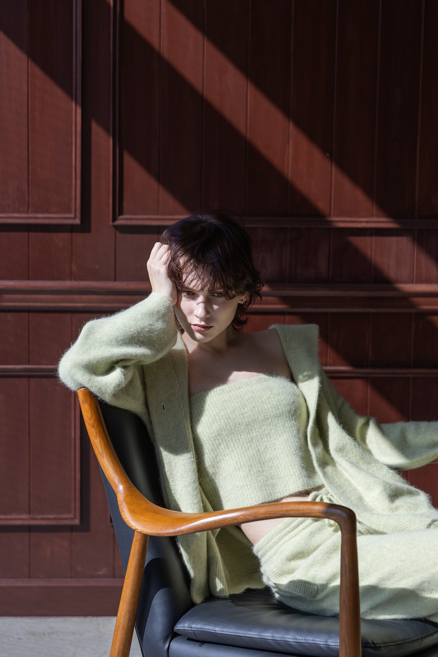 2025 秋冬 羊毛混紡連帽長袖開襟衫_淺萊姆綠