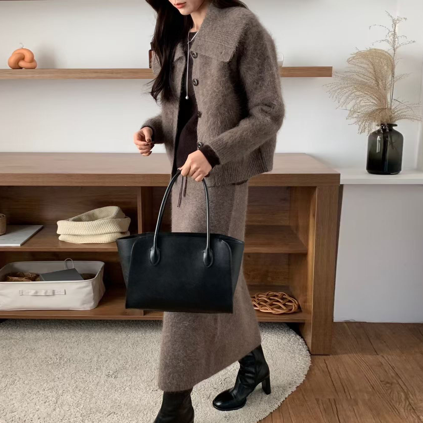 馬海毛大翻領排釦針織外套+長裙SET / 2色