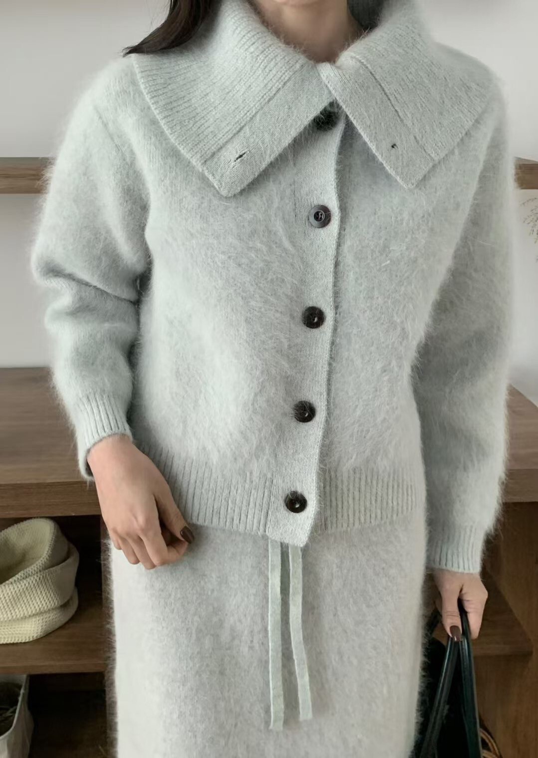 馬海毛大翻領排釦針織外套+長裙SET / 2色