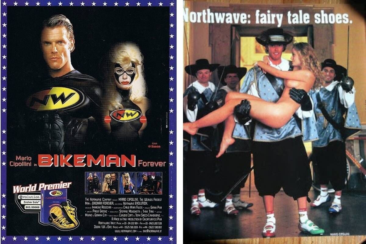 Mario Cipollini 代言 Northwave 的經典 BIKEMAN 與 Fairy Tale Shoes 廣告形象,代表品牌 2000 年代的風格與傳奇故事