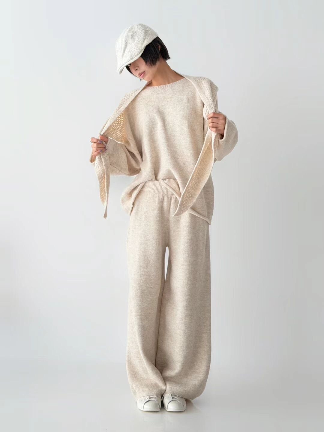 披肩造型圓領針織毛衣+休閒長褲SET / 3色