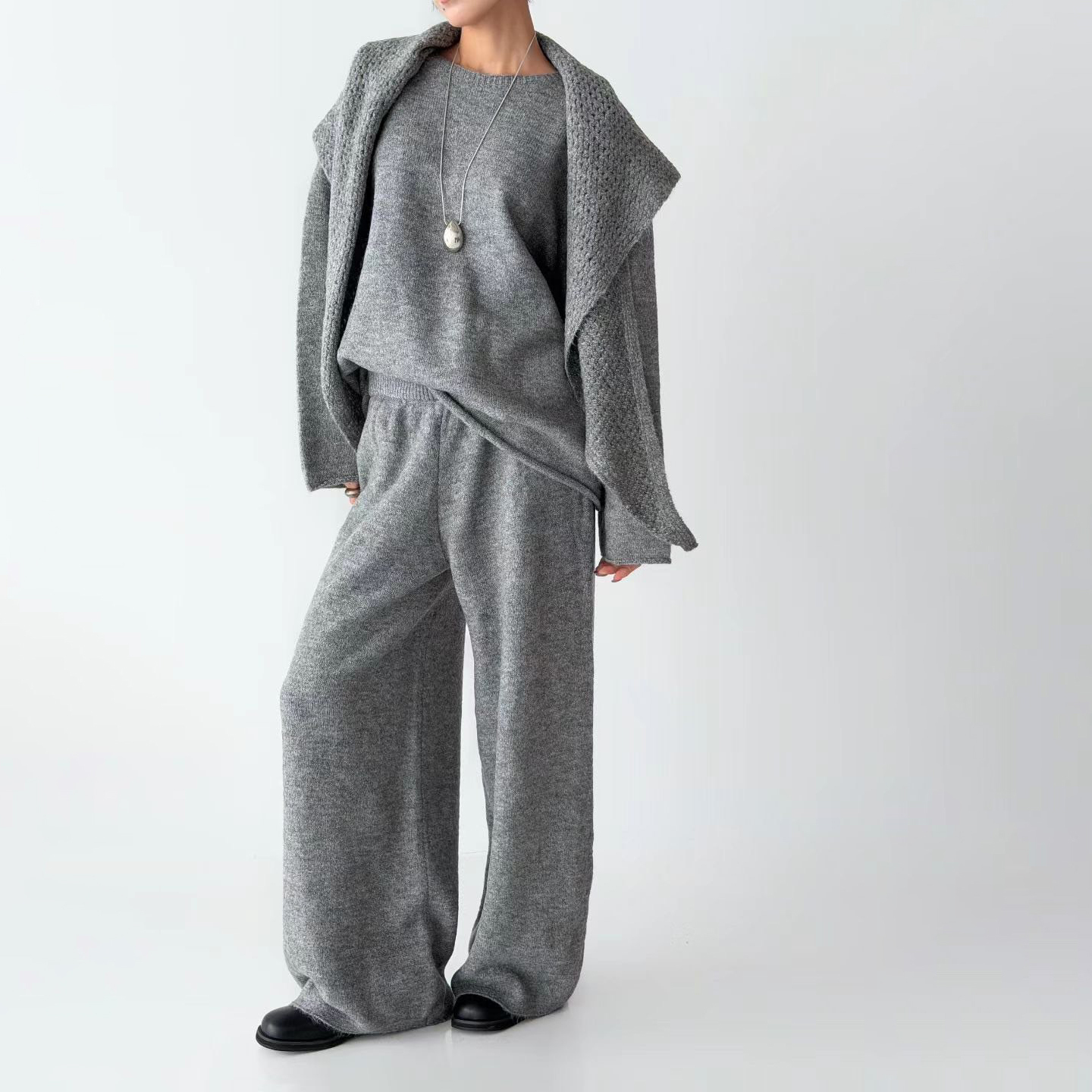 披肩造型圓領針織毛衣+休閒長褲SET / 3色