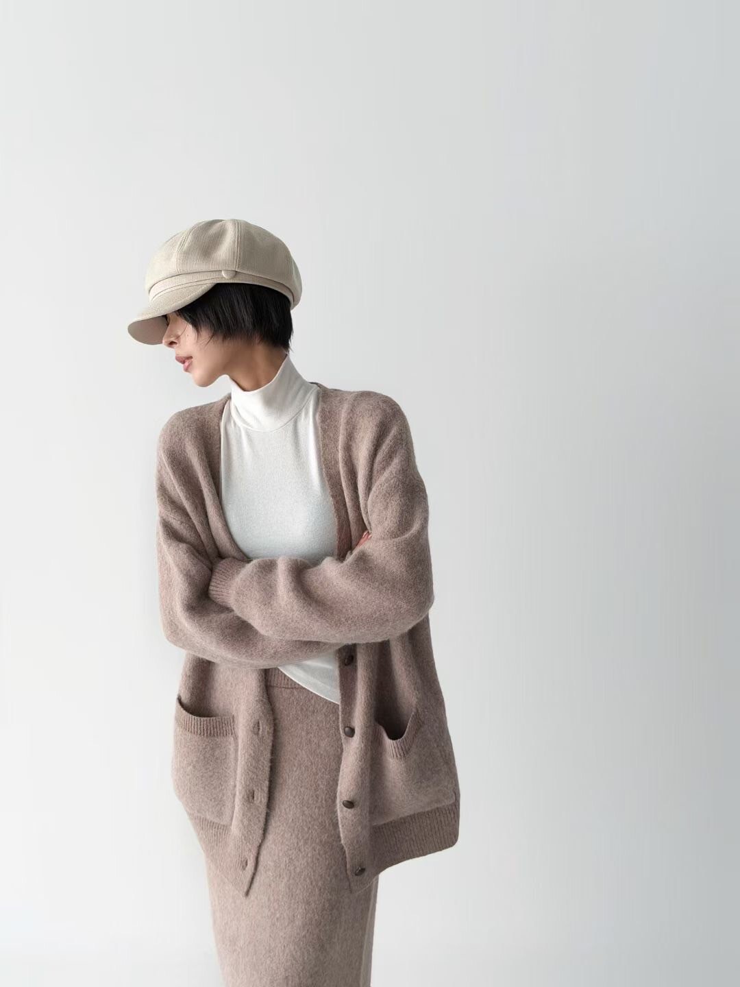 慵懶寬鬆感V領排釦針織外套+長裙SET / 3色