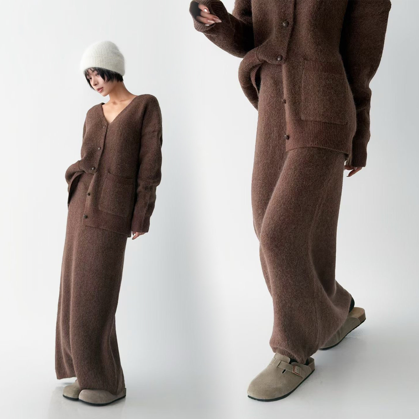 慵懶寬鬆感V領排釦針織外套+長裙SET / 3色