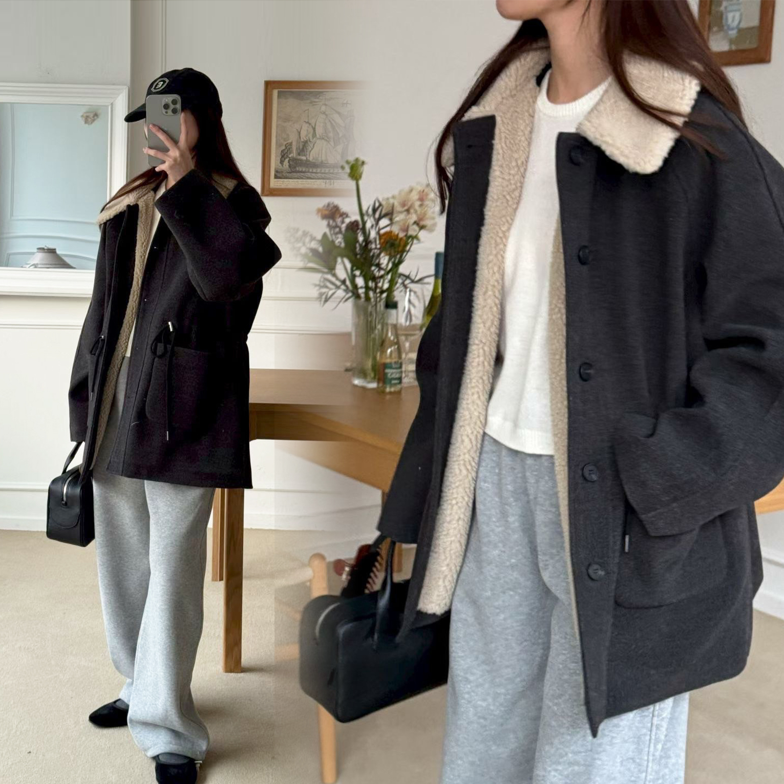 經典黑配色QQ毛翻領造型縮腰排釦外套