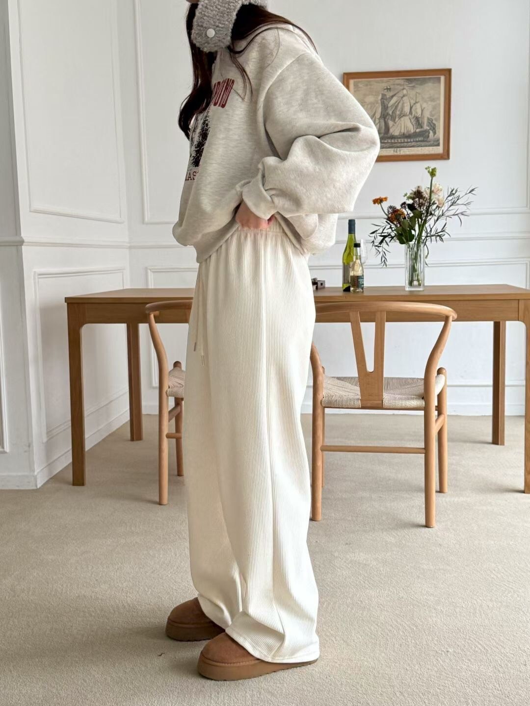 鬆緊腰直線織紋感內磨毛休閒長褲-F / 3色