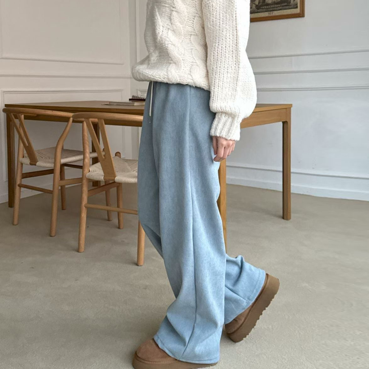 鬆緊腰直線織紋感內磨毛休閒長褲-F / 3色