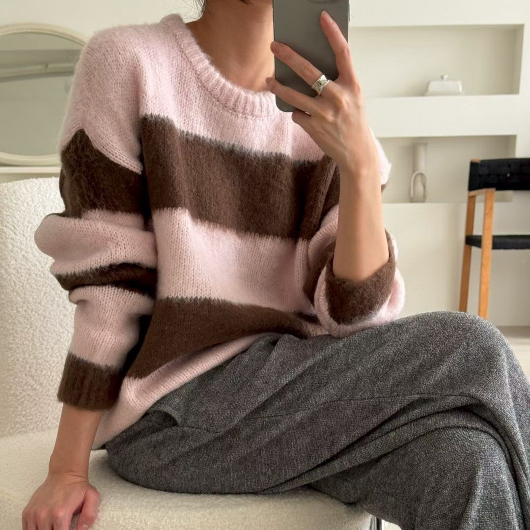 毛海感配色寬橫條紋圓領針織上衣毛衣 / 2色