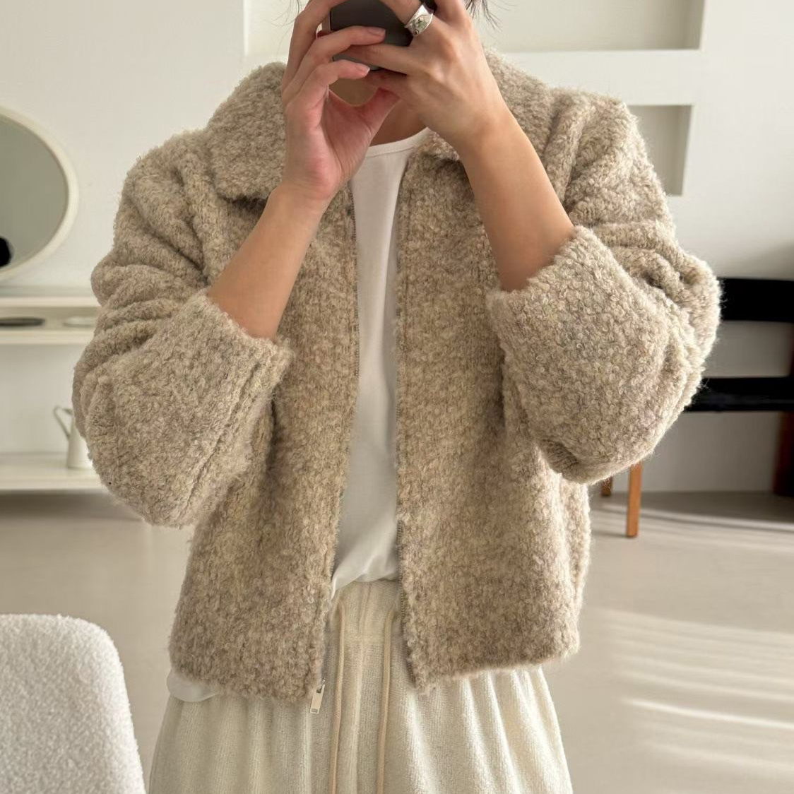 可愛QQ毛翻領造型休閒感拉鍊外套 / 3色
