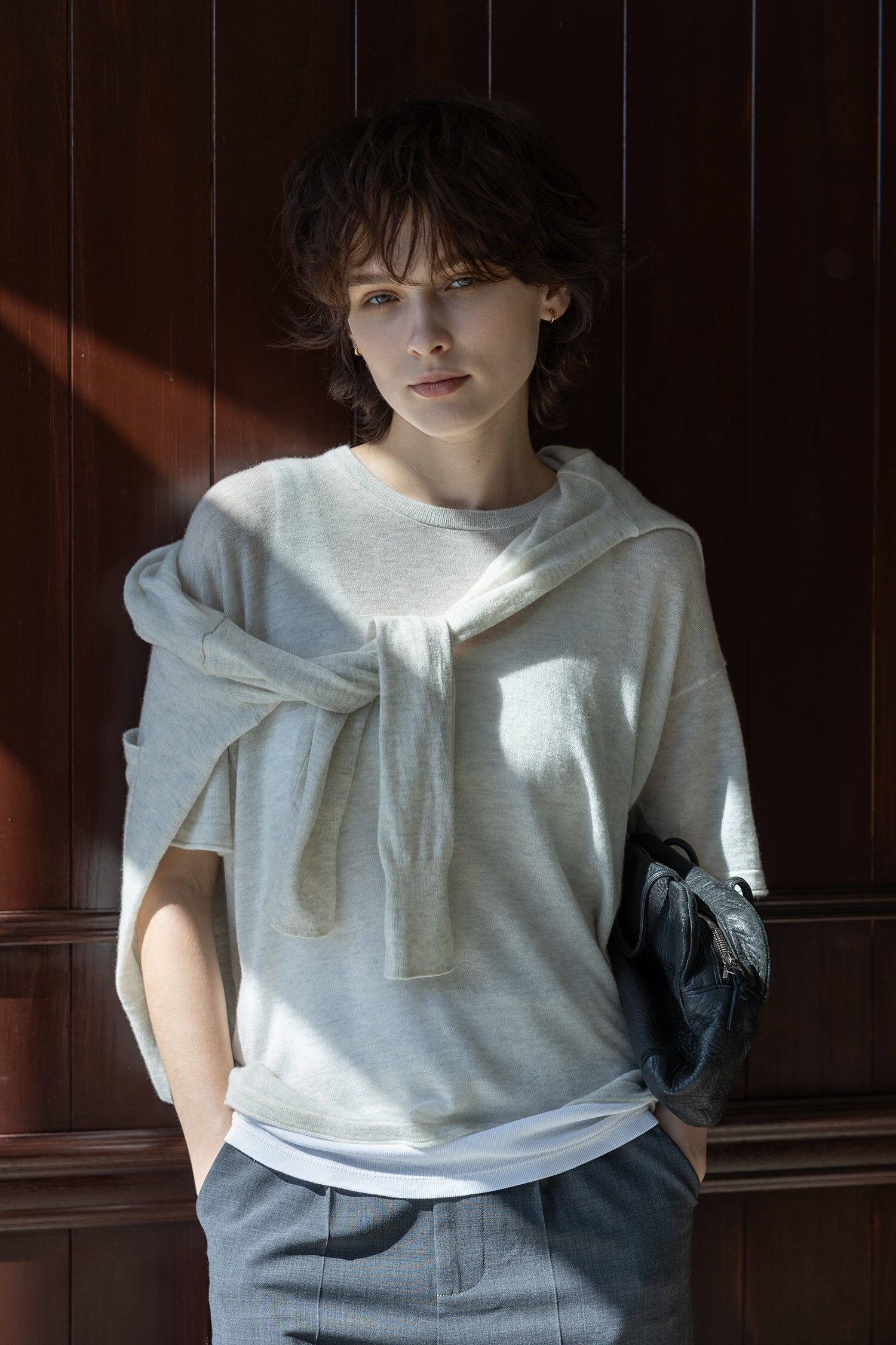 2025 秋冬 喀什米爾羊毛圓領短袖套頭衫_淺灰